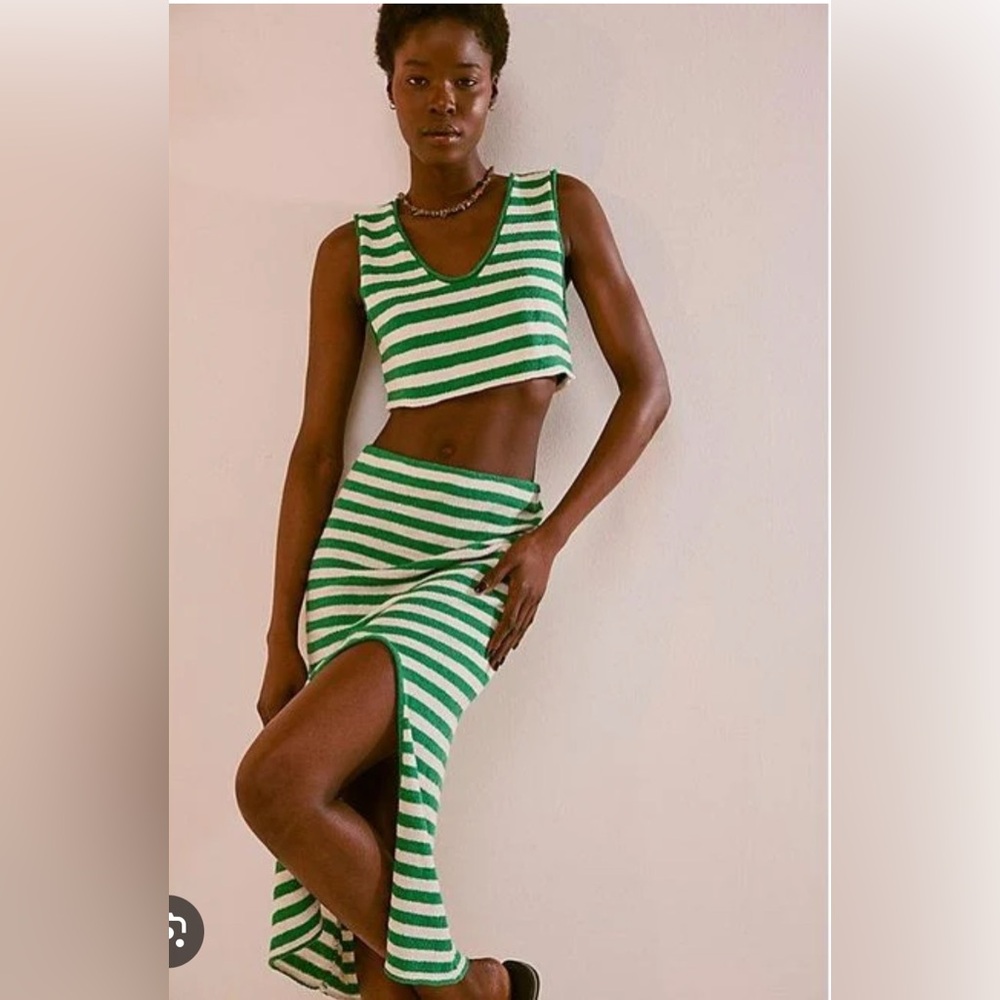 Free People Green and White Striped Skirt Set